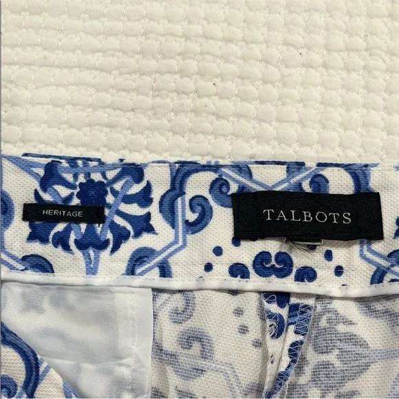 Talbots Blue White Porcelain Tile Print Cropped Ankle Pants Stretch Slim Fit XL - Picture 11 of 13